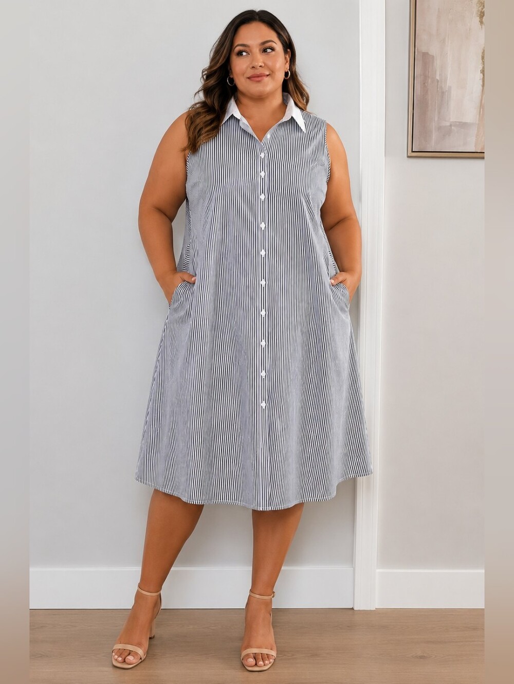 Roz & Ali 1X Black White Striped Sleeveless Button Front Midi Dress NWT
